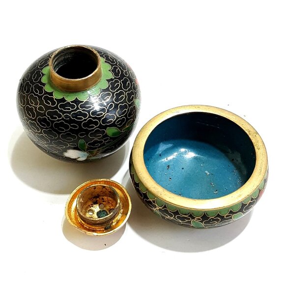Chinese Cloisonne Open Salt & Pepper Vintage Enamel Brass Floral Black Red Blue - Picture 5 of 7